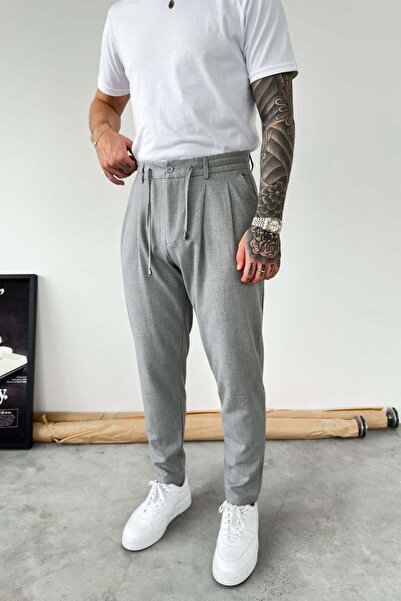 HAFKAGİYİM Light Gray Regular Fit Fabric Trousers with Waist Rope Detail
