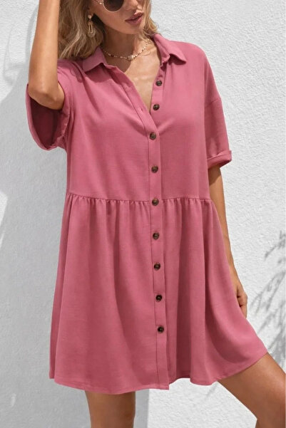 USLUCAN ALIŞVERİŞ Women's Short Sleeve Collared Front Buttoned Short Wrap Dress