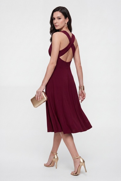 Lafaba Women's Burgundy Backless Gold Accessory Detailed Midi Evening Dress