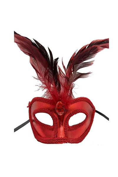 naque Red Color Patent Leather Coated Red Feather Party Mask 18x20 cm
