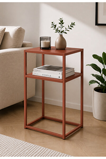İnoprotech Modern Turuncu Metal Yan Sehpa 2 Raflı Minimalist Salon ve Yatak O...