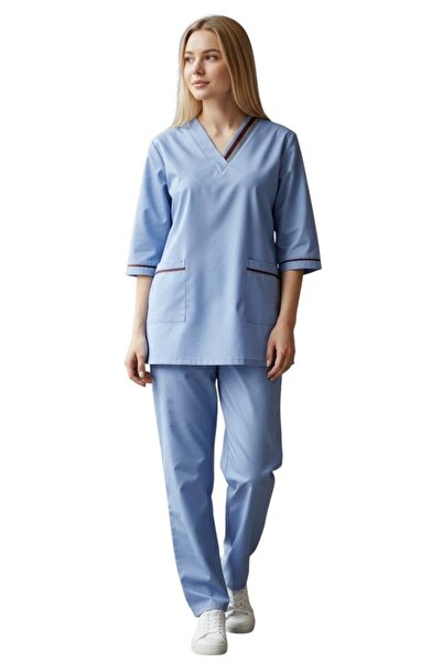 Peach Professional Medical Scrubs Set for Women, Light Blue V-Neck Uniform wi...