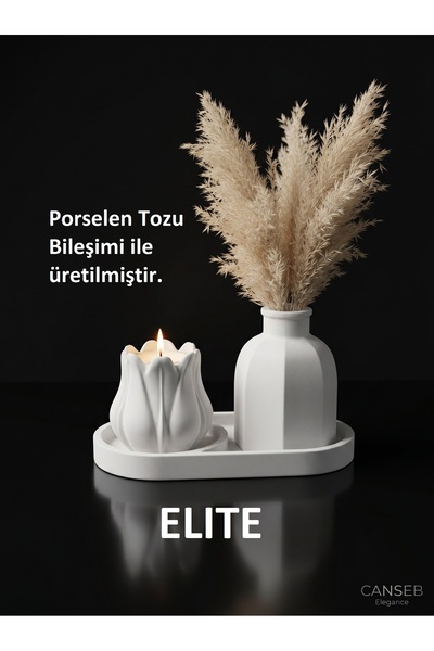 CANSEB Elegance Üçlü Mumluk & Pampas Vazosu Dekoratif Obje Seti ( Tealight Mu...