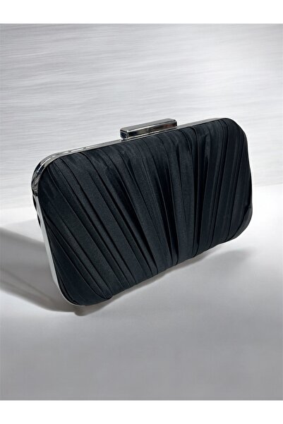 Busrabags Pleated Black Satin Chain Strap Evening Dress Bag