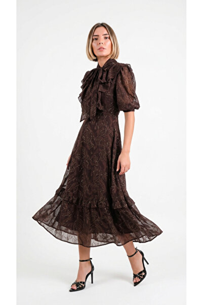 Caddebostan Moda Elegant Embroidered Midi Dress with Bow Detail
