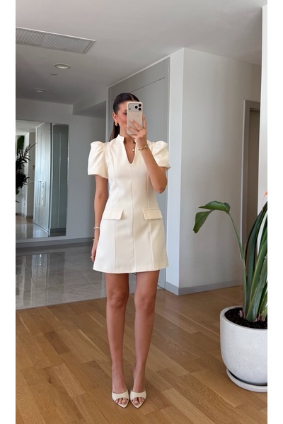 FEMMESTUDIO Women's Ecru Drop Collar Balloon Sleeve Dress