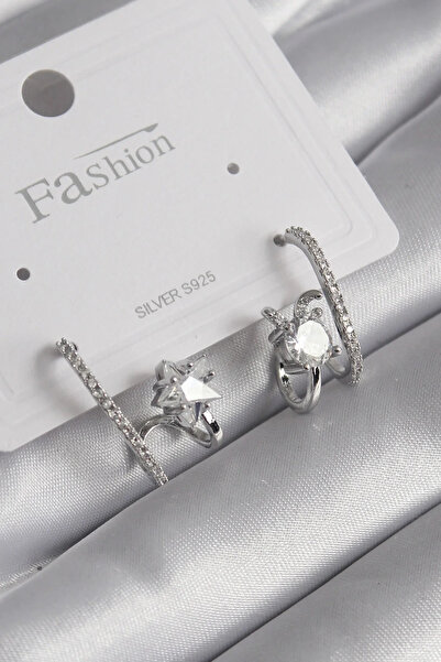 USLUCAN ALIŞVERİŞ Brass Silver Color Zircon Stone Women's Earrings