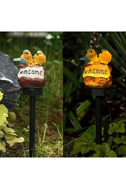 BaoBao Lampă solară decorativă de grădină, din plastic, cu mesaj „Bun venit”, păsări colorate, 9,5 x 12,5 x 39,3 cm