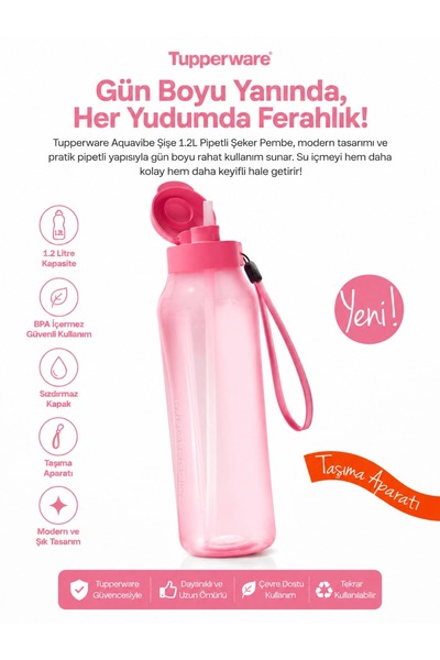 Tupperware Aquavibe Şişe 1.2L pipetli şeker pembe mutfak kamp öteberi mağazası