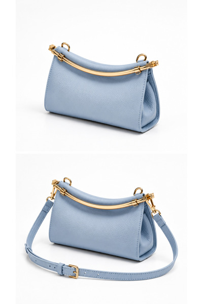 Bags Italia Geanta dama bleu pastel piele, cu accesorii aurii