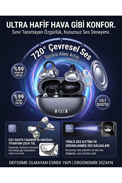 MATECHNO OWS Kablosuz Bluetooth Kulaklık – LED Göstergeli Şarj Kutulu Klips K...