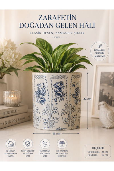 Atak Hediyelik Şık Tasarımlı Mavi Floral Desenli Dekoratif Salon Saksı 22 cm