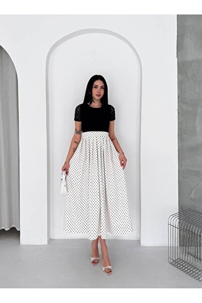 BLUSS Women's Lace Detailed Polka Dot Midi Length Stylish Summer Dress