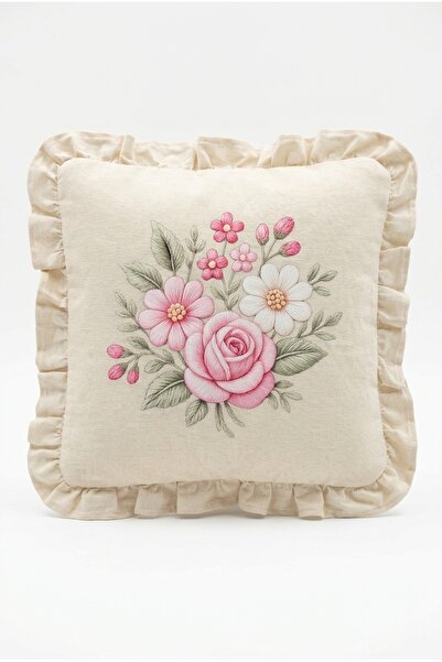 ACELEYOLLA 4'lü Fırfırlı Çiçek Desenli Kırlent Kılıfı %100 Pamuk Dekoratif Yastık Kılıfı 45x45 cm