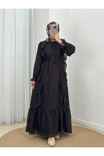 MİHRA STORE Sadakat Boydan Ruffled Voile Dress-Pa9884 Brown