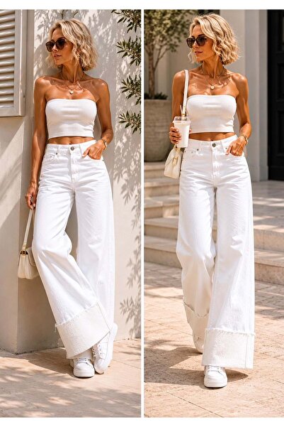ibeeka Fată curată! Pantaloni din denim Monaco White Fold Premium, croială dr...