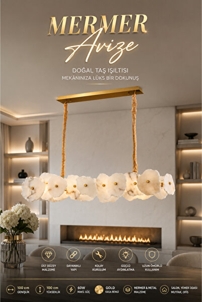Elvora Home Modern (PREMIUM) Çiçek Mermer Sarkıt Avize Gold Kasa Doğal Taş Ta...