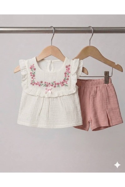 KapsülBebek Embroidered and Ruffled Baby Girl Summer Set - 100% Cotton