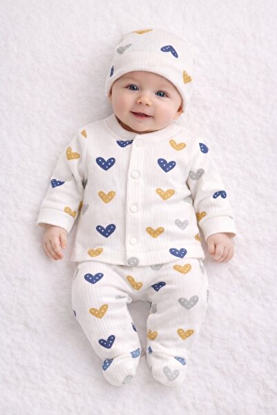 Pure Boutique 3-piece white Cotton baby set with hearts, blouse, pants and ha...