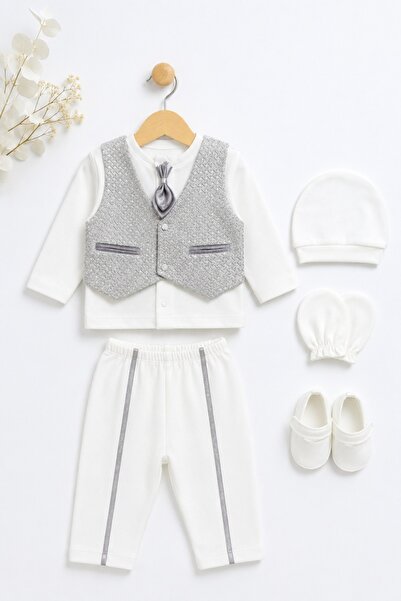 Pure Boutique Elegant baby boy white suit with gray vest 6 pieces for baptism