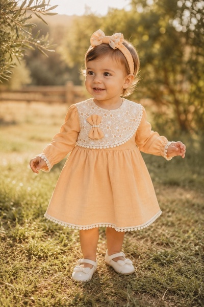 Pure Boutique Rochie bebe fetita din muselina piersica cu dantela si bentita ...