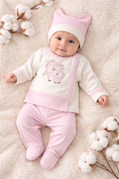 Pure Boutique Compleu bebe fete 3 piese roz cu imprimeu pasarele si caciulita