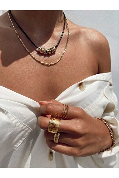 Mope Accessories طقم قلادة من قطعتين من الجلد الأسود مع حلية ذهبية وفضية