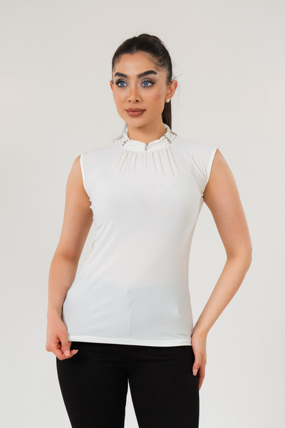 ELAY Fashion Women's White Stone Embroidered Judge Collar Sleeveless Blouse
