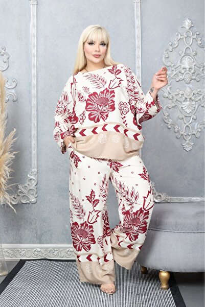 Tubik Women's Wide Cut Crew Neck Patterned Top and Bottom Tunic Pants Set