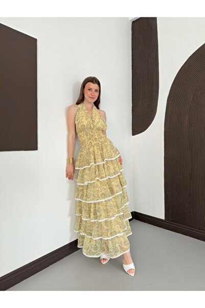 Ekim Store Rochie florală stratificată cu guler halter