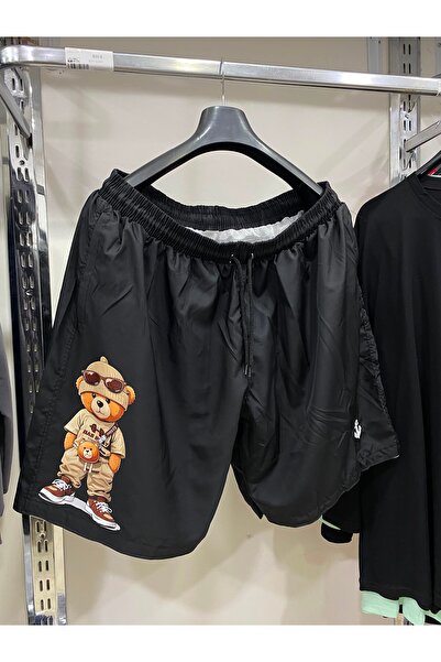 Bas Body FitnessWear Ayıcık Baskılı Siyah Büyük Beden Hafif Hızlı Kuruyan Den...