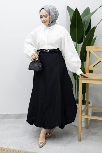 Tesettür Dünyası Beli Belted Balloon Skirt Tsd260224 Black