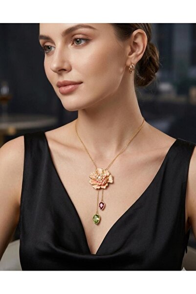 Melisa Takı & Aksesuar 316L Steel Gold Color Flower Stone Necklace