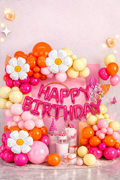 HAKİ Happy Birthday Doğum Günü Konsept Balon Süsleme Seti Pembe Turuncu Parti...