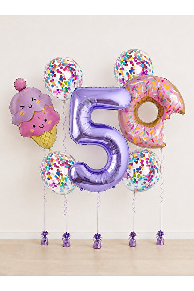 Balonsan Pink Purple Ice Cream Donut Themed -5- Number Balloon Set