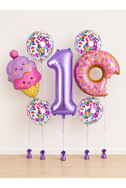 Balonsan Pink Purple Ice Cream Donut Themed -1- Number Balloon Set