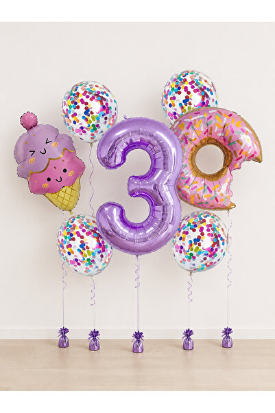 Balonsan Pink Purple Ice Cream Donut Themed -3- Age Number Balloon Set