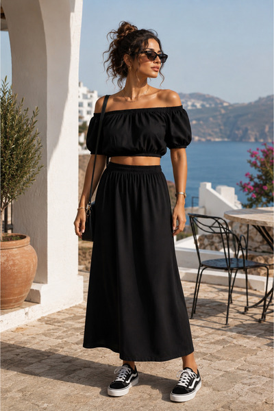NA ADDESIGN Viscose Skirt Blouse Set Black and White Color Option Summer Set ...