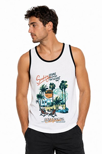 Miami Beach Tricou de plajă pentru bărbați, cu bretele, din țesătură respirab...