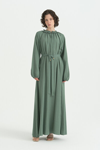 Nihan Linen Dress with Ruffled Collar - Mold Green