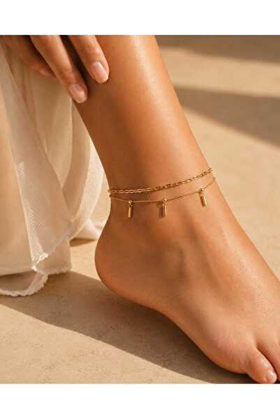 By Pink Gold Renk Çift Zincir Minimal Sallantı Detaylı Çelik Halhal