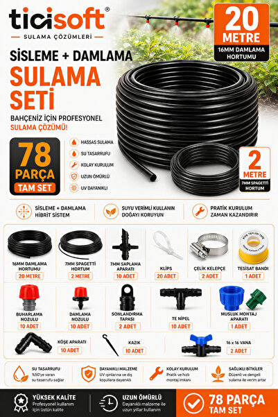 Ticisoft 78 Parça Damlama Sulama Sisleme Seti Bahçe Sera Tarla Hobi Bahçesi S...