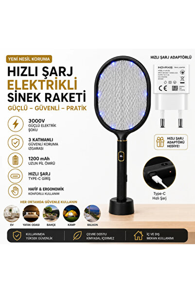 Inovaxis Şarjlı Sinek Raketi USB Type-C Elektrikli Standlı Sivrisinek Öldürüc...