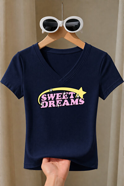 Velostra Women's Sweet Dreams Printed Basic Daily Use V-Neck Slim Fit Lycra T...