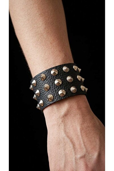 Corvus kolye&bileklik 5.cm Silver Color Three Row Studded Metal Bracelet 23.cm