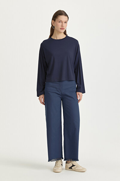 Nihan Örme Crop Rayon Karışımlı Bluz - Lacivert