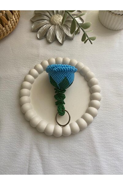 Handmade KUM BONCUK EL İŞİ BÜYÜK BOY MAVİ GÜL ANAHTARLIK