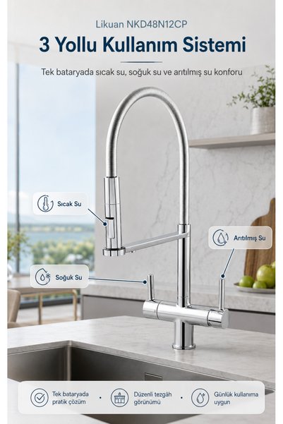 LİKUAN hardware Likuan 3-Way Spiral Chrome Kitchen Faucet with Purified Water Pull-Out Sink Tap Nkd52N12Cp