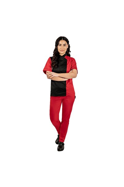 RUNI Uniforma bucatar dama negru cu rosu tip tunica cu capse si pantaloni cu ...