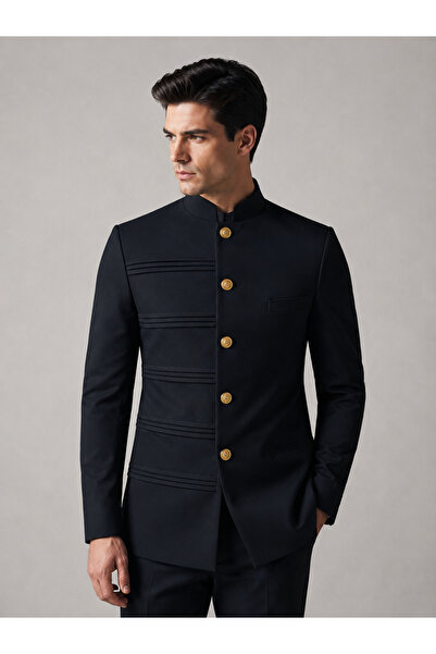 Greneric Men's Black Mandarin Collar Suit with Gold Buttons - Formal Party Wear